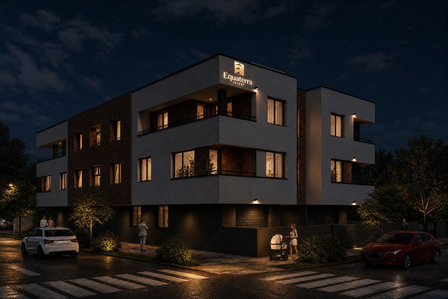 Stambeni objekat Equaterra Invest osvetljen u večernjim časovima — projekat u Novom Sadu